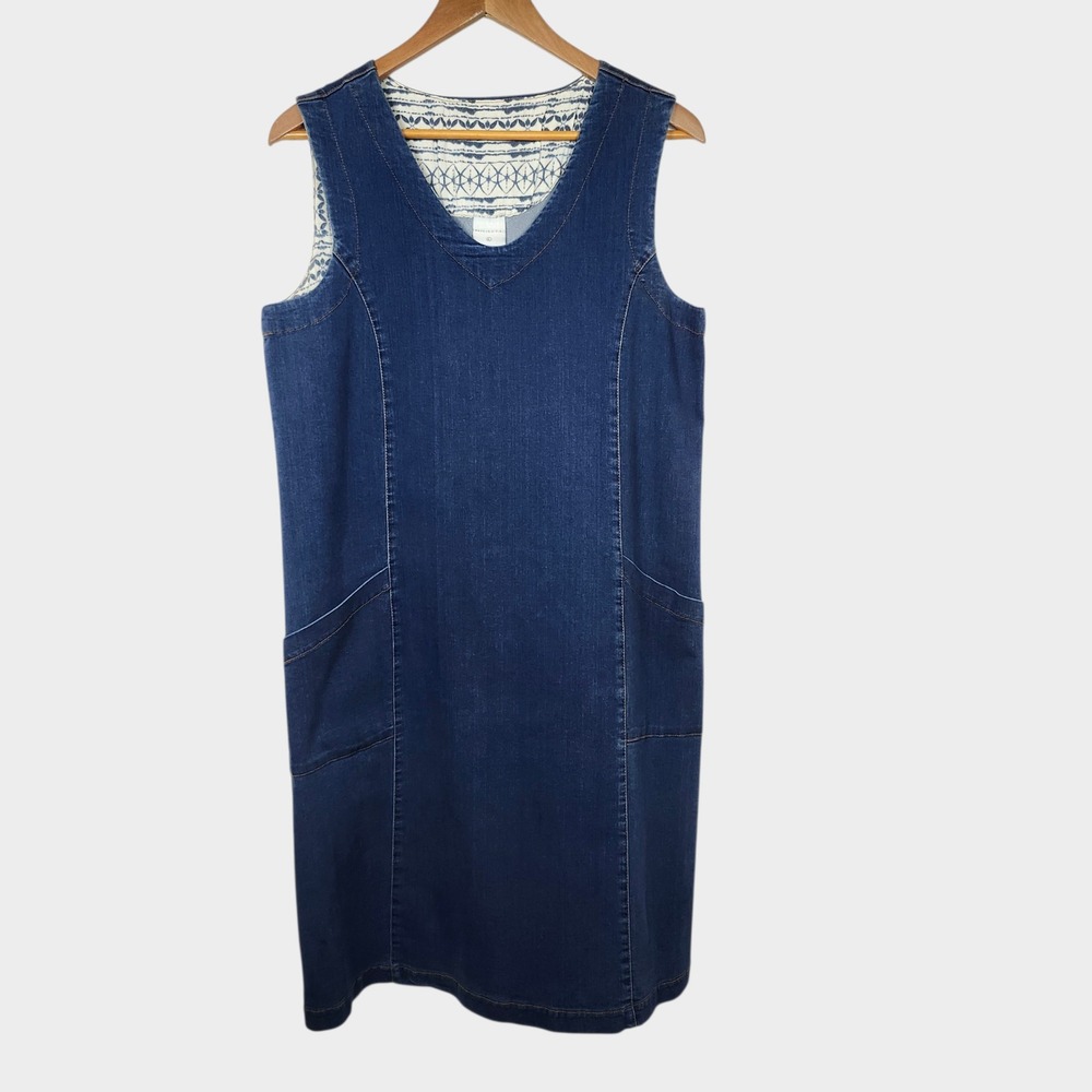 CMC Denim Jumper Dress Womens Large Blue Sleeveless V-Neck Pockets Midi Shift